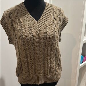 Tan V-Neck Cable Knit Sweater Vest